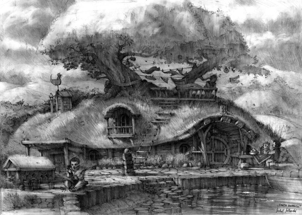 rysunek ołówkiem chata hobbita wycieruch