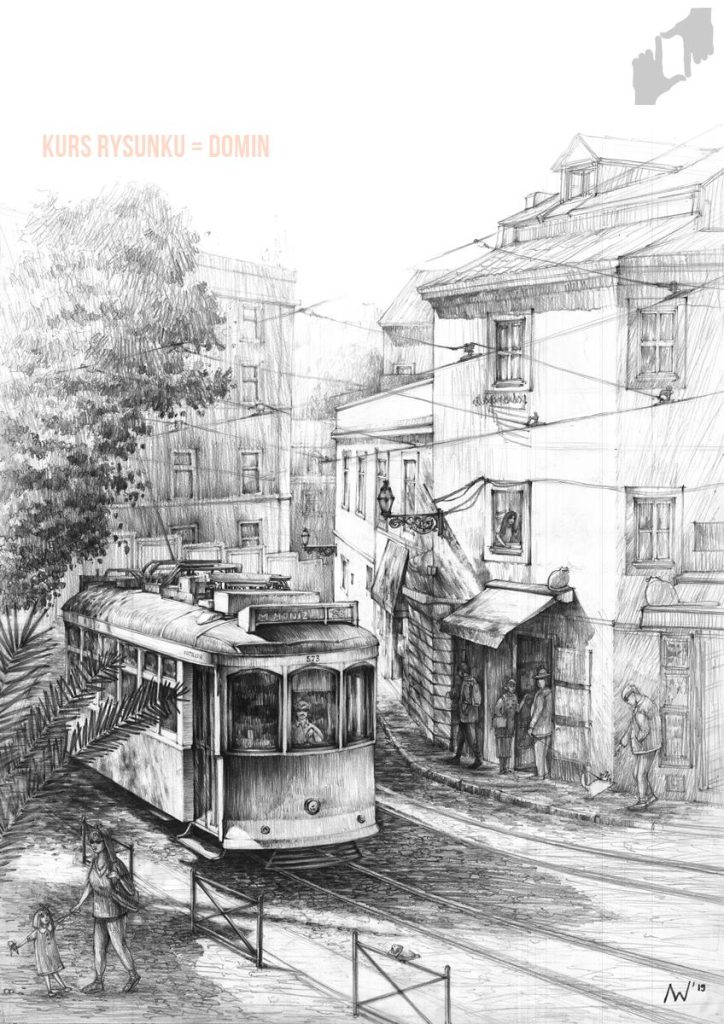 Jak narysować tramwaj na ulicy miasta - Lizbona