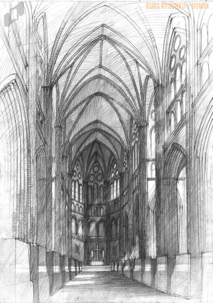 rysowanie wnętrza gotyckiego w perspektywie